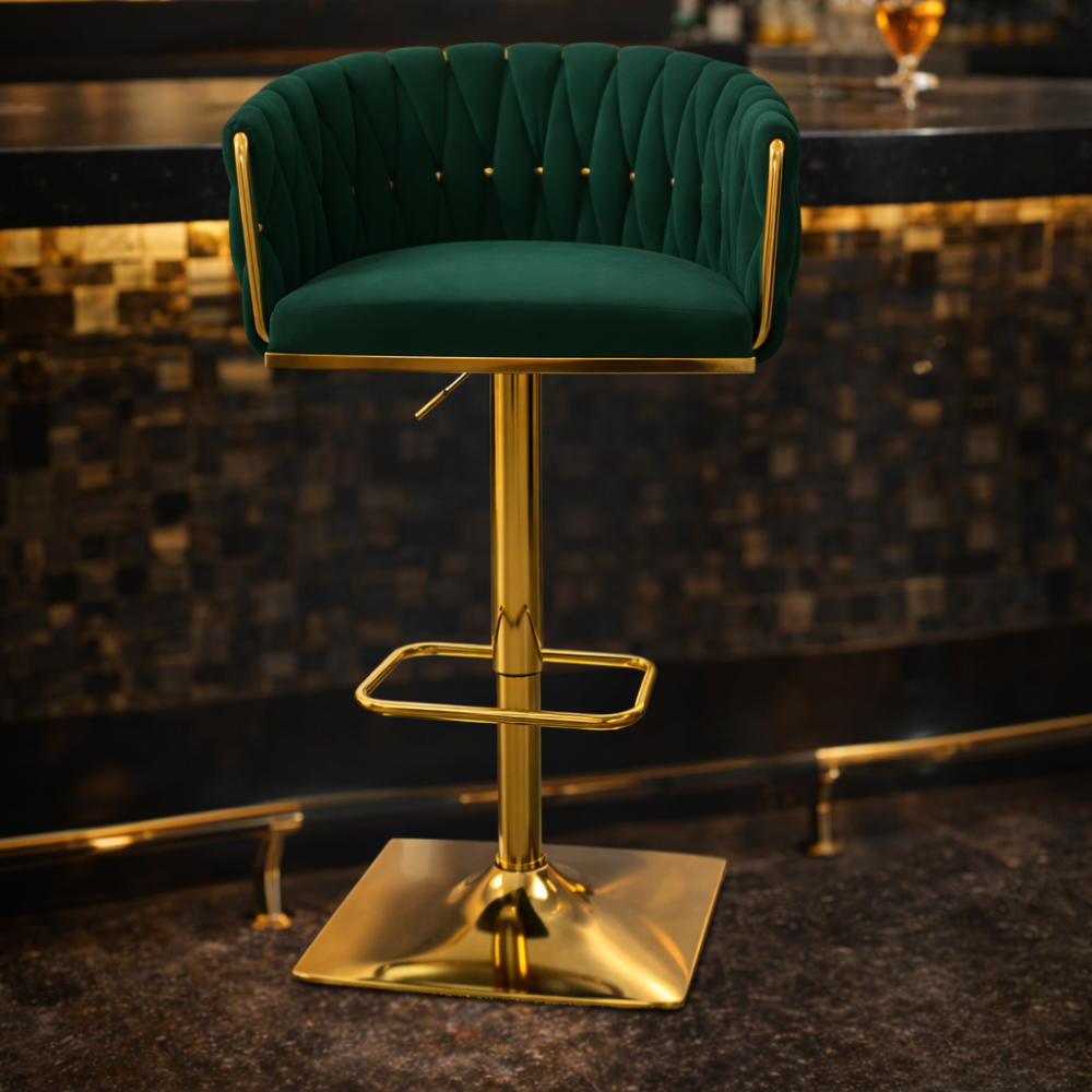 Beeds Luxury Bar Stool D17 with Adjustable Height, Gold Finish Metal Base, Soft Tufted Upholstered Seat & Backrest, 360° Swivel Designer Stool for Bar, Kitchen & Café