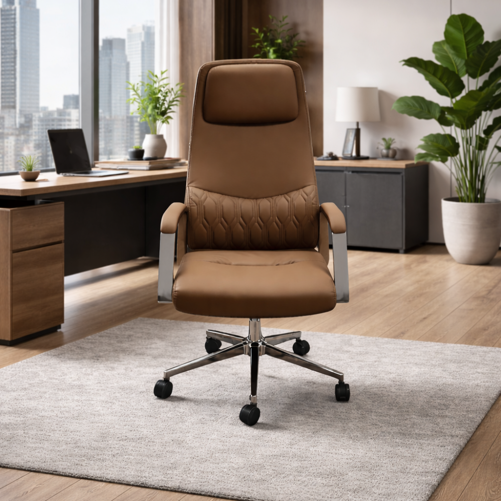 RSE A66 Executive High-Back Revolving Office Chair with Cushioned Headrest | Adjustable Height | 360° Swivel | Chrome Base | Padded Armrests | Brown