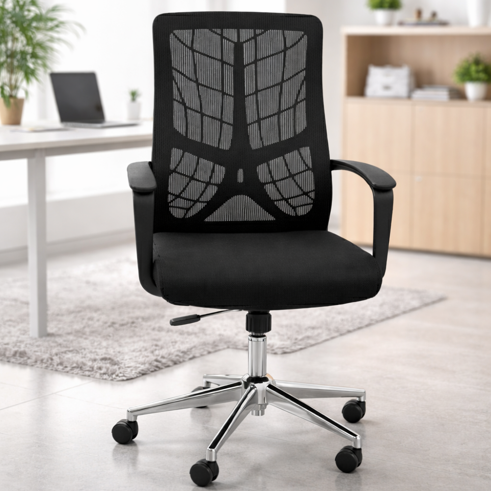 Beeds 8008M High Back Revolving Office Chair | Ergonomic Mesh Back | Cushioned Seat | Chrome Base | Adjustable Height | Black