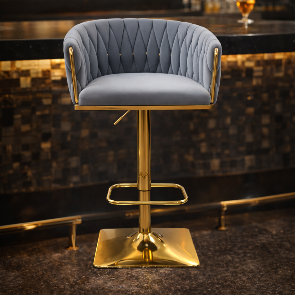 Beeds Luxury Bar Stool D17 with Adjustable Height, Gold Finish Metal Base, Soft Tufted Upholstered Seat & Backrest, 360° Swivel Designer Stool for Bar, Kitchen & Café