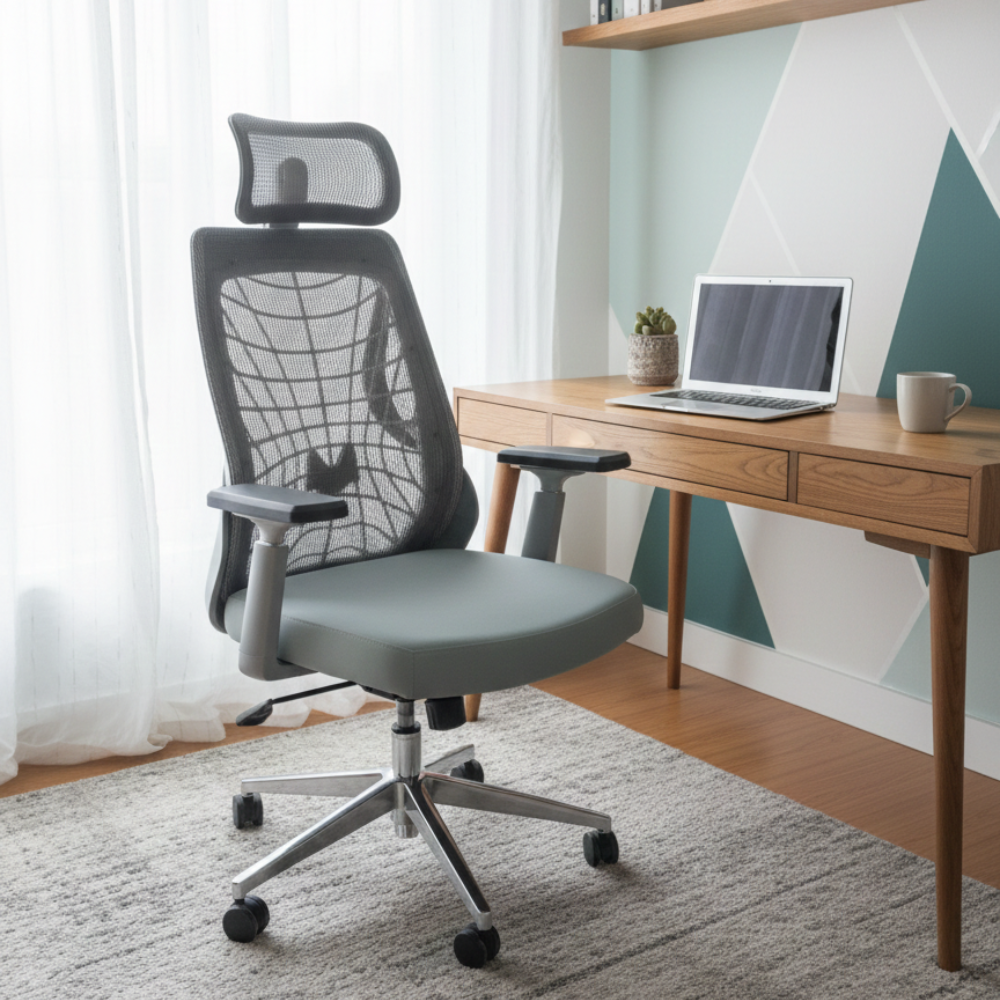 BEEDS Revolving Office Chair 8805 with High Back Mesh Design, Adjustable Headrest, Cushioned Seat & Smooth Swivel Wheels
