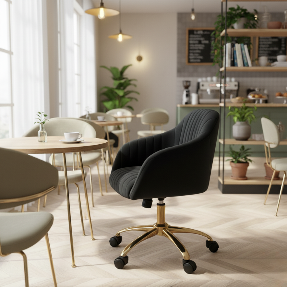RSE Velvet Swivel Cafe Chair with Gold Base, Ergonomic Armrest, Modern Rolling Accent for Office, Study, Dining or Cafe