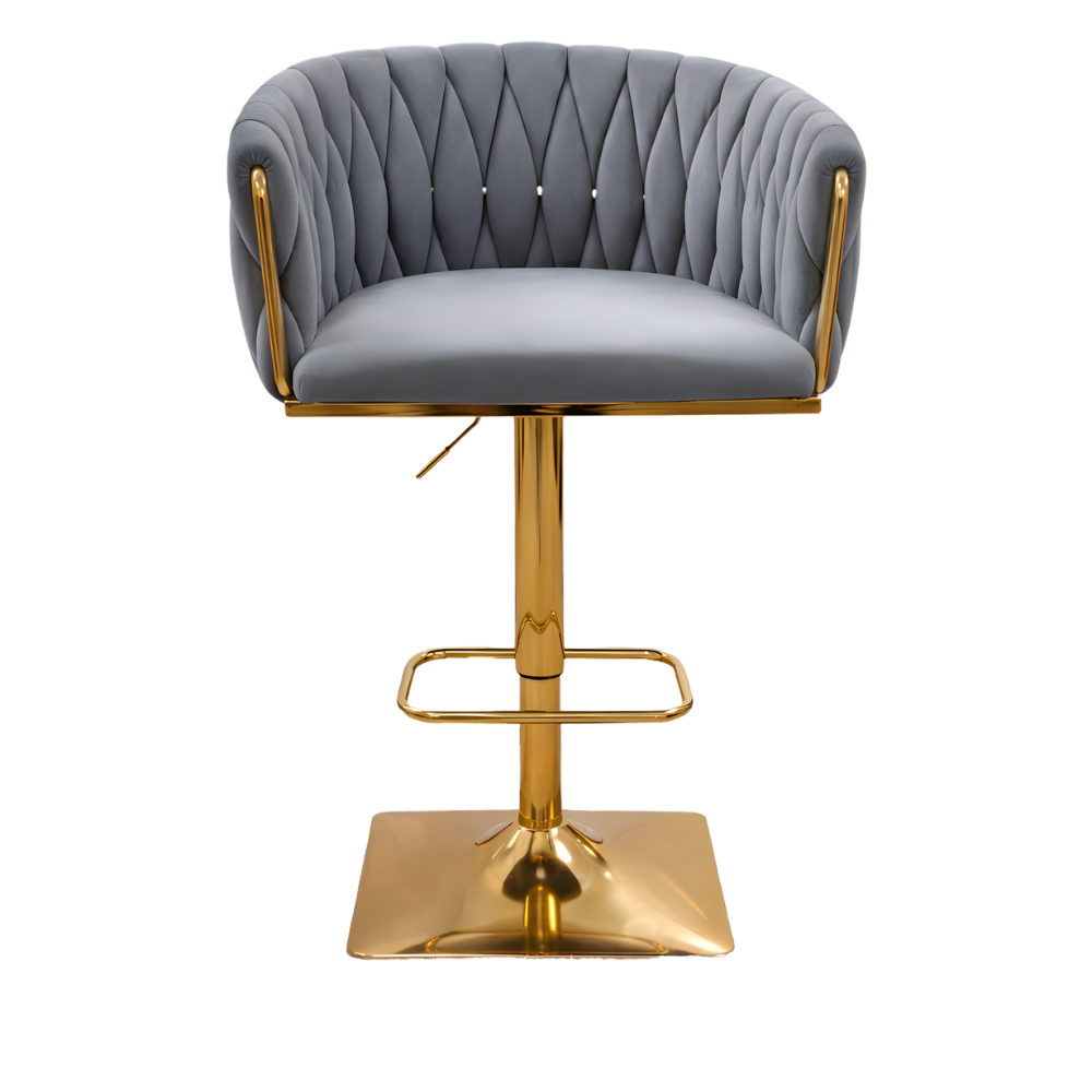 Beeds Luxury Bar Stool D17 with Adjustable Height, Gold Finish Metal Base, Soft Tufted Upholstered Seat & Backrest, 360° Swivel Designer Stool for Bar, Kitchen & Café