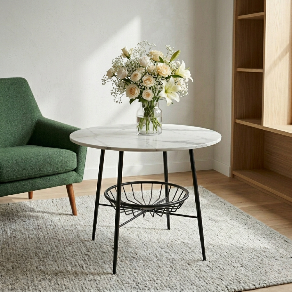 RSE Side Table with Marble Top and Black Metal Shelf – Modern Accent Storage Table for Living Room, Bedroom, and Lounge
