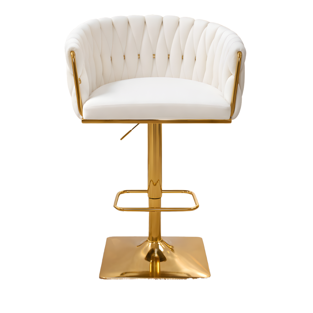 Beeds Luxury Bar Stool D17 with Adjustable Height, Gold Finish Metal Base, Soft Tufted Upholstered Seat & Backrest, 360° Swivel Designer Stool for Bar, Kitchen & Café