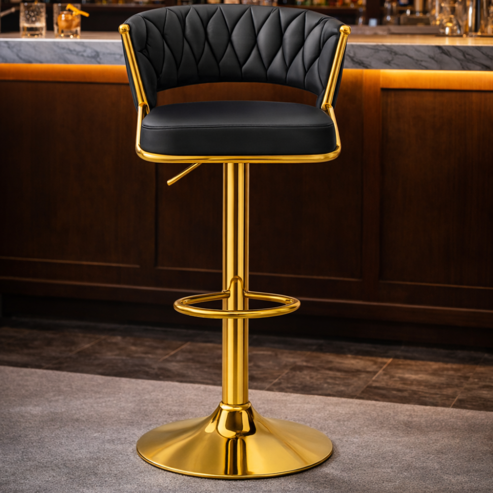 Beeds D18 Premium Velvet Bar Stool with Hydraulic Height Adjustment, Gold Metal Base & Footrest – Modern Luxury Kitchen Counter & Bar Chair