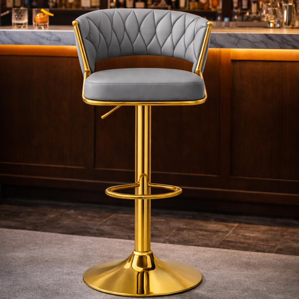 Beeds D18 Premium Velvet Bar Stool with Hydraulic Height Adjustment, Gold Metal Base & Footrest – Modern Luxury Kitchen Counter & Bar Chair