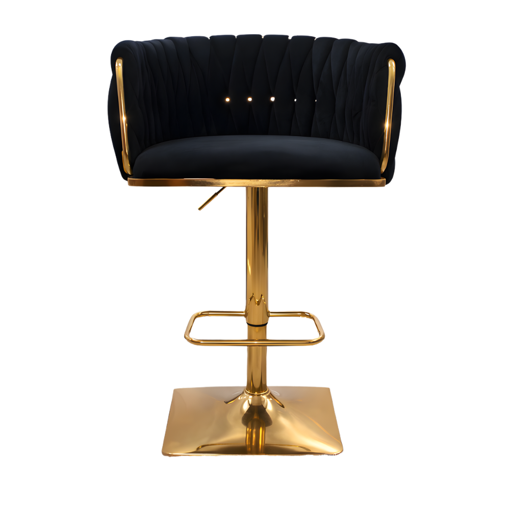 Beeds Luxury Bar Stool D17 with Adjustable Height, Gold Finish Metal Base, Soft Tufted Upholstered Seat & Backrest, 360° Swivel Designer Stool for Bar, Kitchen & Café