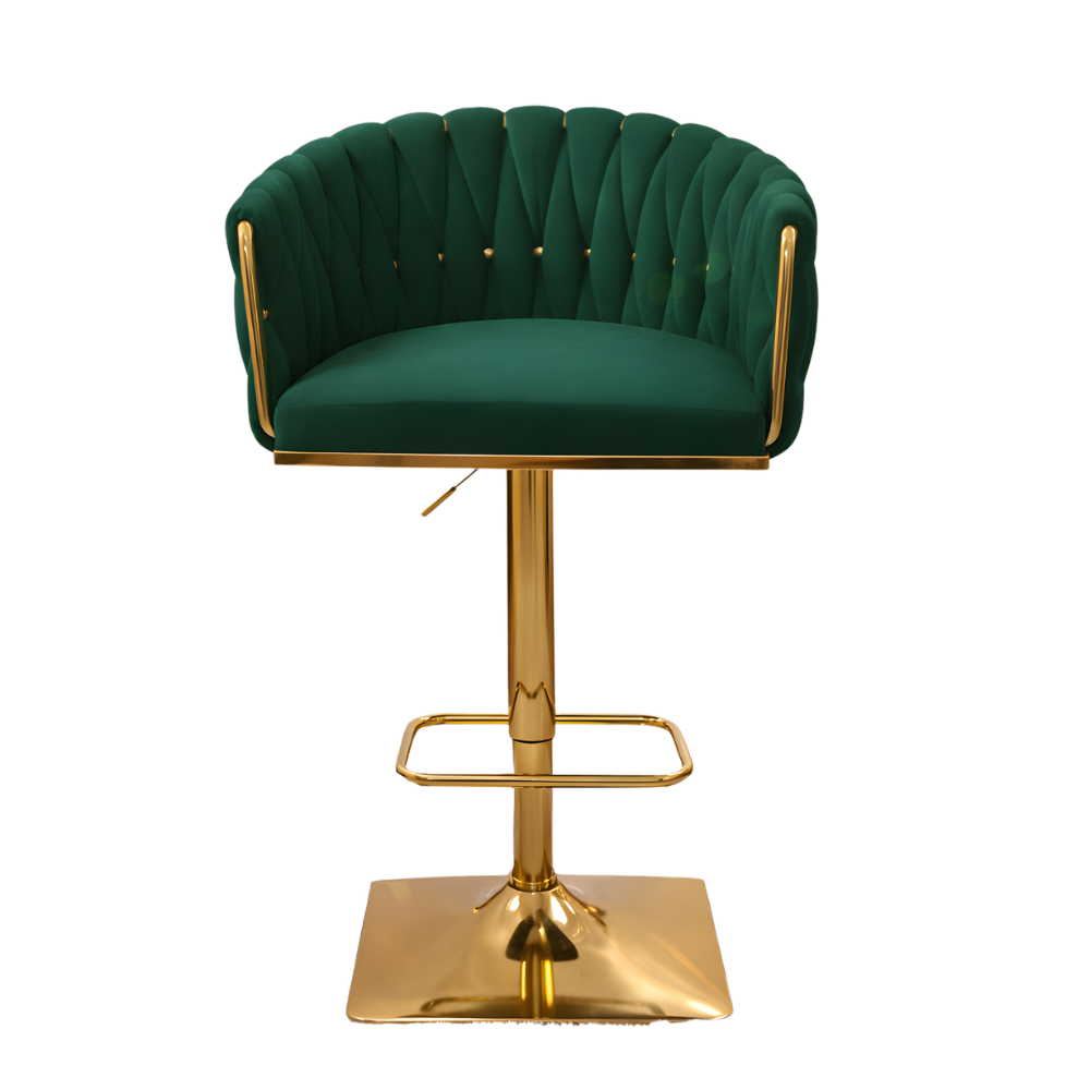 Beeds Luxury Bar Stool D17 with Adjustable Height, Gold Finish Metal Base, Soft Tufted Upholstered Seat & Backrest, 360° Swivel Designer Stool for Bar, Kitchen & Café