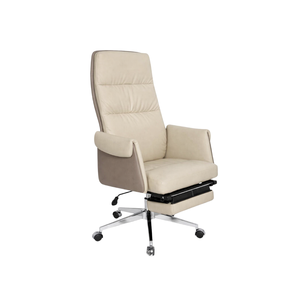 RSE 2003A Executive Recliner Office Chair with Footrest | High Back Premium Leatherette Boss Chair | Adjustable Luxury Cabin Chair (Cream & Taupe)