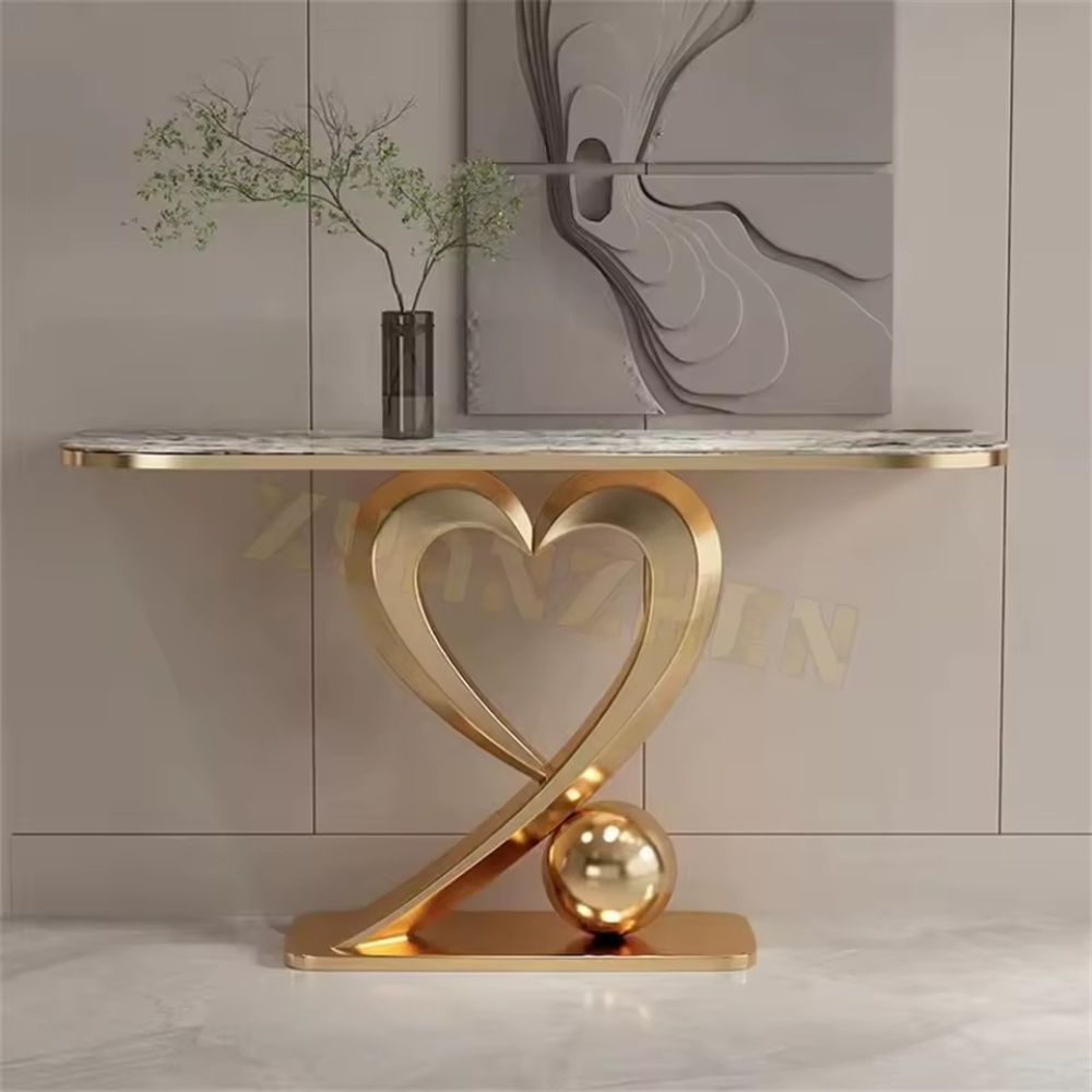 RSE Luxury Console Table with Natural Marble Top, PVD Gold Polished Heart Metal Base, Entryway & Foyer Decorative Table