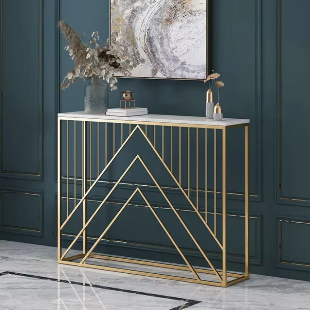 RSE Console Table with Marble Top and Geometric Metal Base – Luxury PVD Polished Gold Hallway Table for Living Room, Entryway and Foyer