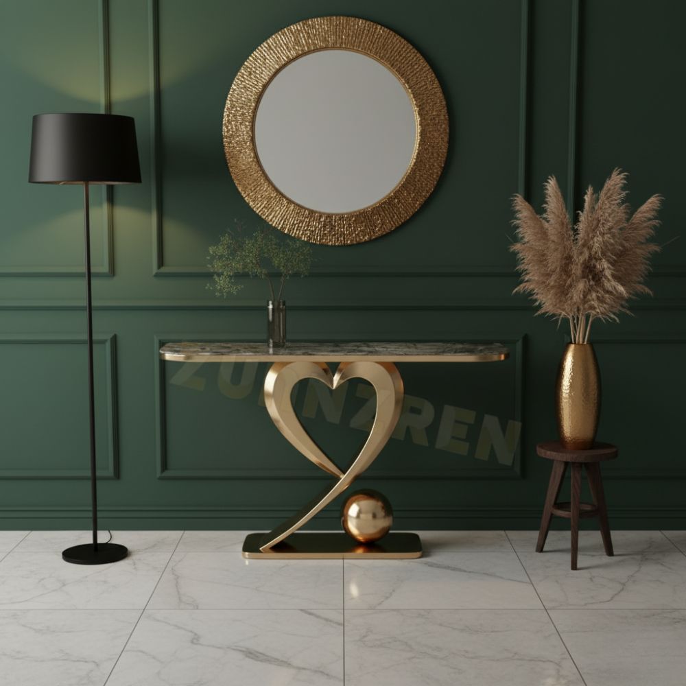 RSE Luxury Console Table with Natural Marble Top, PVD Gold Polished Heart Metal Base, Entryway & Foyer Decorative Table