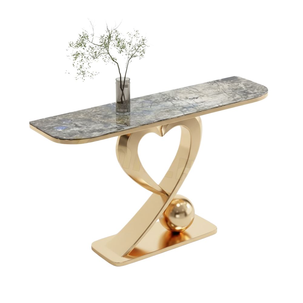 RSE Luxury Console Table with Natural Marble Top, PVD Gold Polished Heart Metal Base, Entryway & Foyer Decorative Table