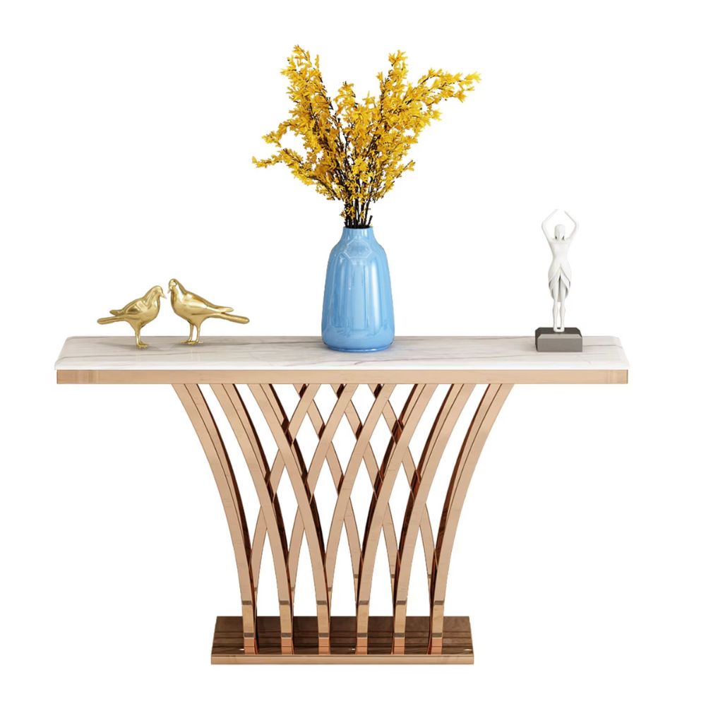 RSE Console Table with Marble Top and Metal Base – Luxury PVD Polished Entryway Table for Living Room, Hallway & Foyer | Modern Decorative Furniture
