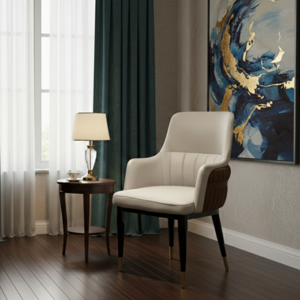 BEEDS C1-2 Luxury Upholstered Dining Chair | Premium Cushioned Seat with Armrests | Modern Designer Dining Chair with Brown Back & Gold-Tip Legs