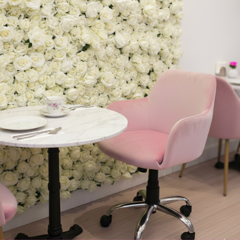 RSE Velvet Office & Cafe Chair with Wheels, Contoured Backrest, Modern Arm Design – Adjustable Rolling Chair for Dining, Workspace, Café