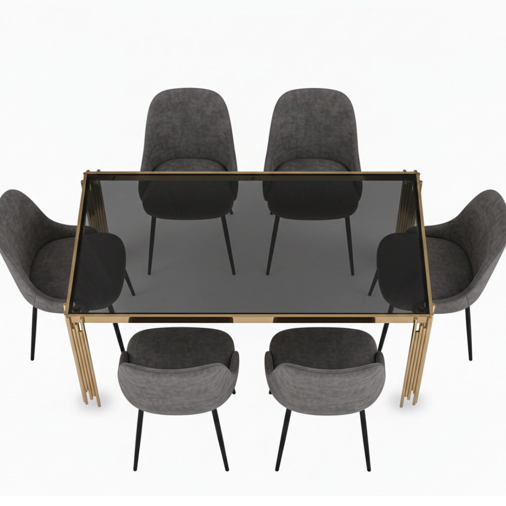 M28 BEEDS Modern Glam Dining Table - Rectangular Black Tempered Glass Top with Sculptural Gold Metal Legs .