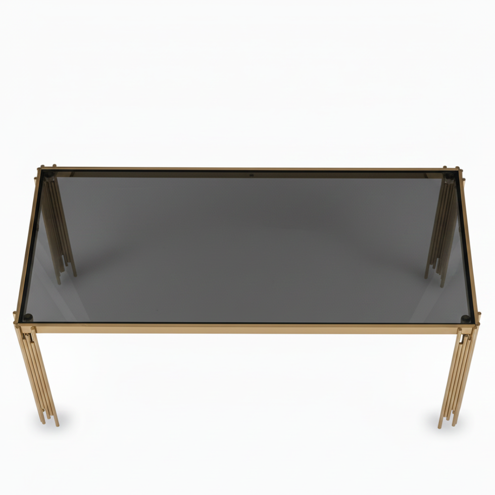 M28 BEEDS Modern Glam Dining Table - Rectangular Black Tempered Glass Top with Sculptural Gold Metal Legs .
