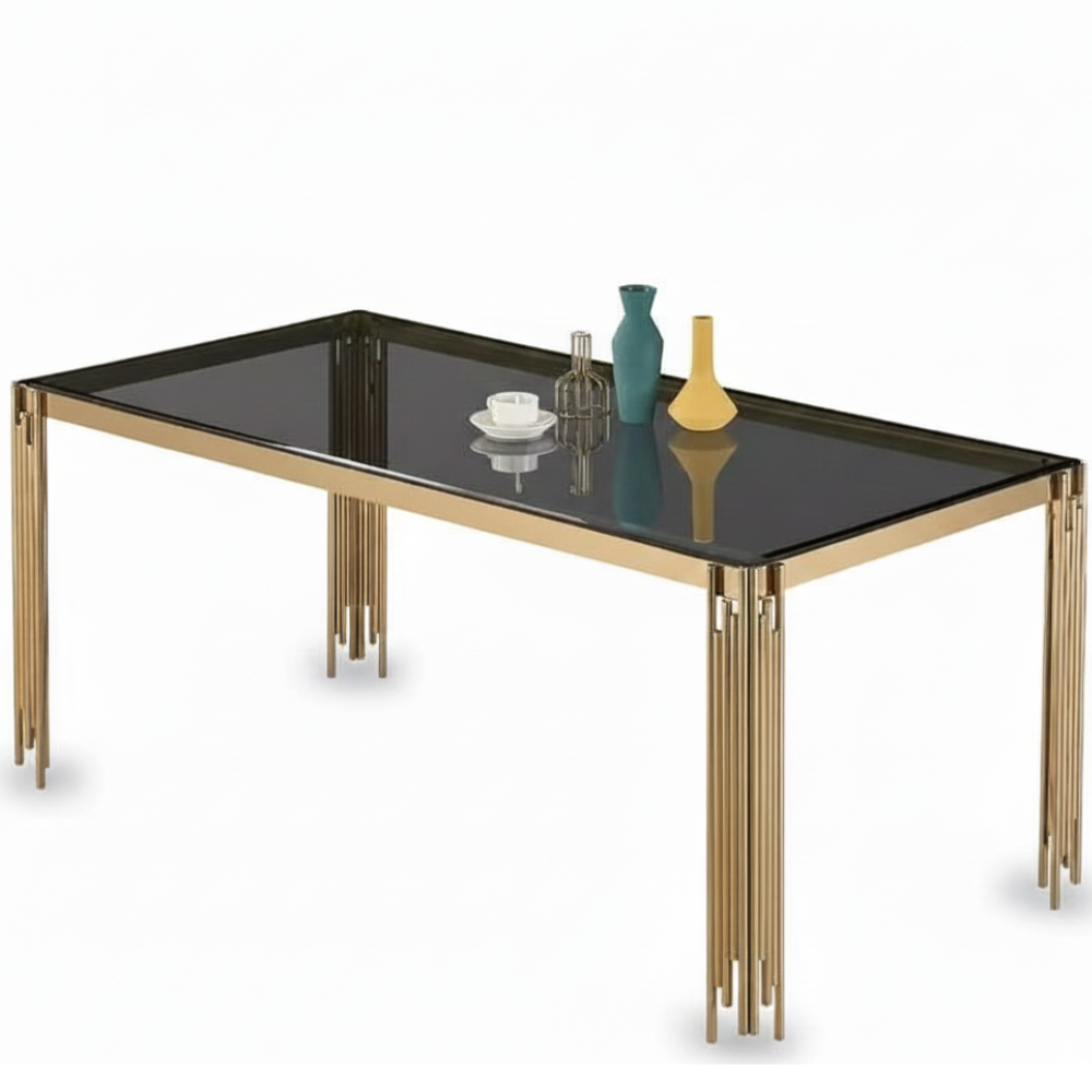 M28 BEEDS Modern Glam Dining Table - Rectangular Black Tempered Glass Top with Sculptural Gold Metal Legs .