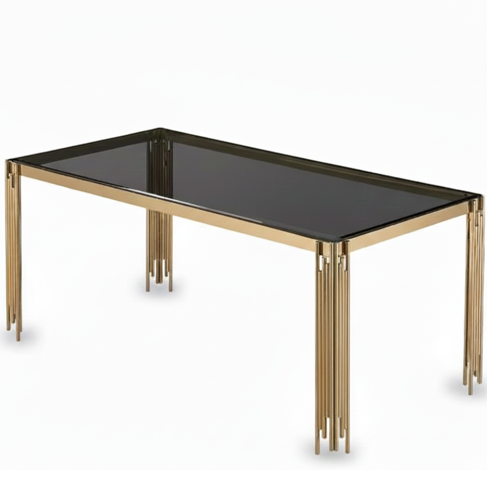 M28 BEEDS Modern Glam Dining Table - Rectangular Black Tempered Glass Top with Sculptural Gold Metal Legs .