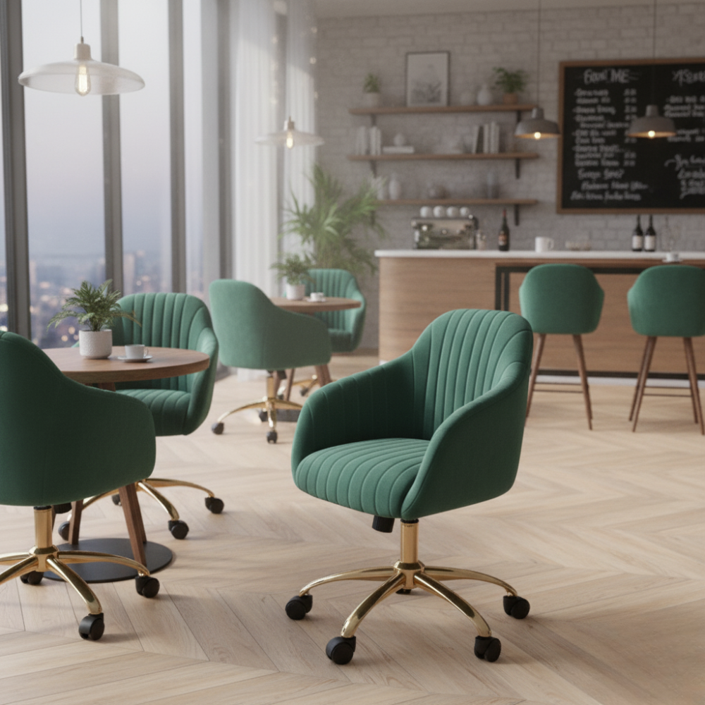 RSE Velvet Swivel Cafe Chair with Gold Base, Ergonomic Armrest, Modern Rolling Accent for Office, Study, Dining or Cafe