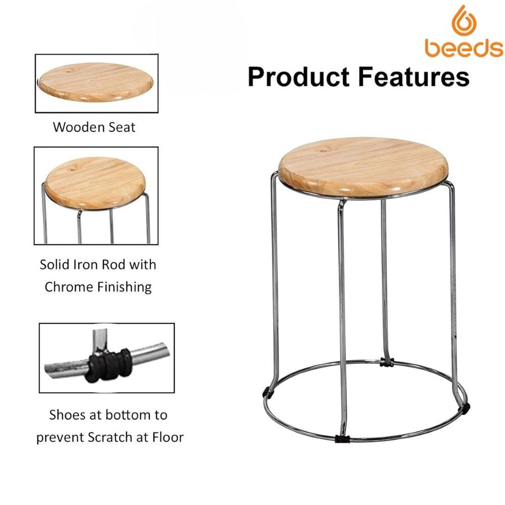 RSE SS Wooden Top Metal Frame Stool Round Seat Lightweight Industrial Style Compact Design for Kitchen, Workshop, Outdoor, or Casual Seating