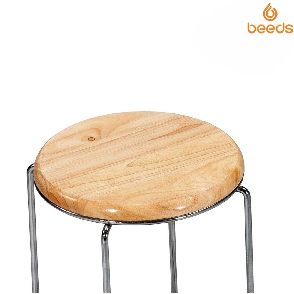 RSE SS Wooden Top Metal Frame Stool Round Seat Lightweight Industrial Style Compact Design for Kitchen, Workshop, Outdoor, or Casual Seating