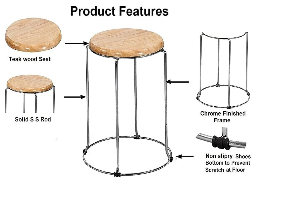 RSE SS Wooden Top Metal Frame Stool Round Seat Lightweight Industrial Style Compact Design for Kitchen, Workshop, Outdoor, or Casual Seating