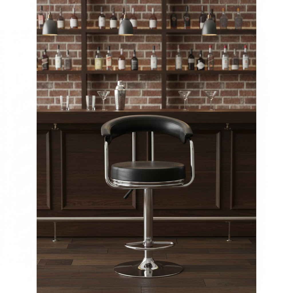 RSE Adjustable Bar Stool with Round Plush Seat, Curved Backrest, Chrome Footrest, Stylish Metal Base, Comfortable Seating for Kitchen, Bar, or Office
