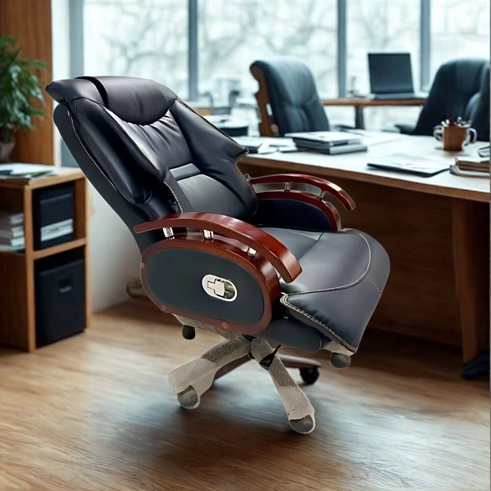 RSE Boss Chair Ergonomic Office Chair with High Back Support, Wooden Armrests, Reclining Tilt Function, Cushioned Comfort, Rolling Wheels