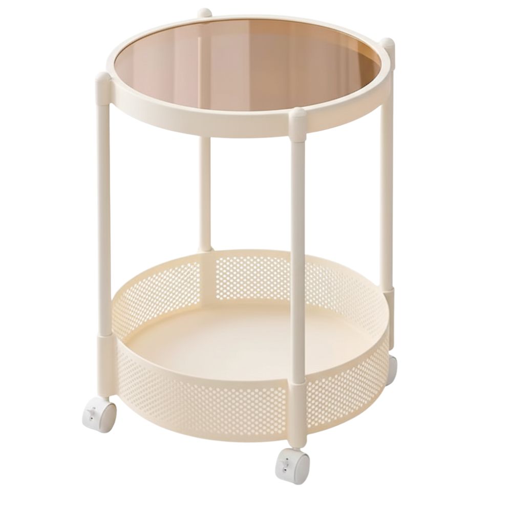 RSE Side Table with Tuffle Glass Top, Plastic Border, and Polished Metal Base – Modern Rolling Storage Accent Table