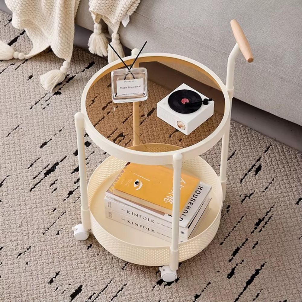 RSE Side Table with Tuffle Glass Top, Plastic Border, and Polished Metal Base – Modern Rolling Storage Accent Table