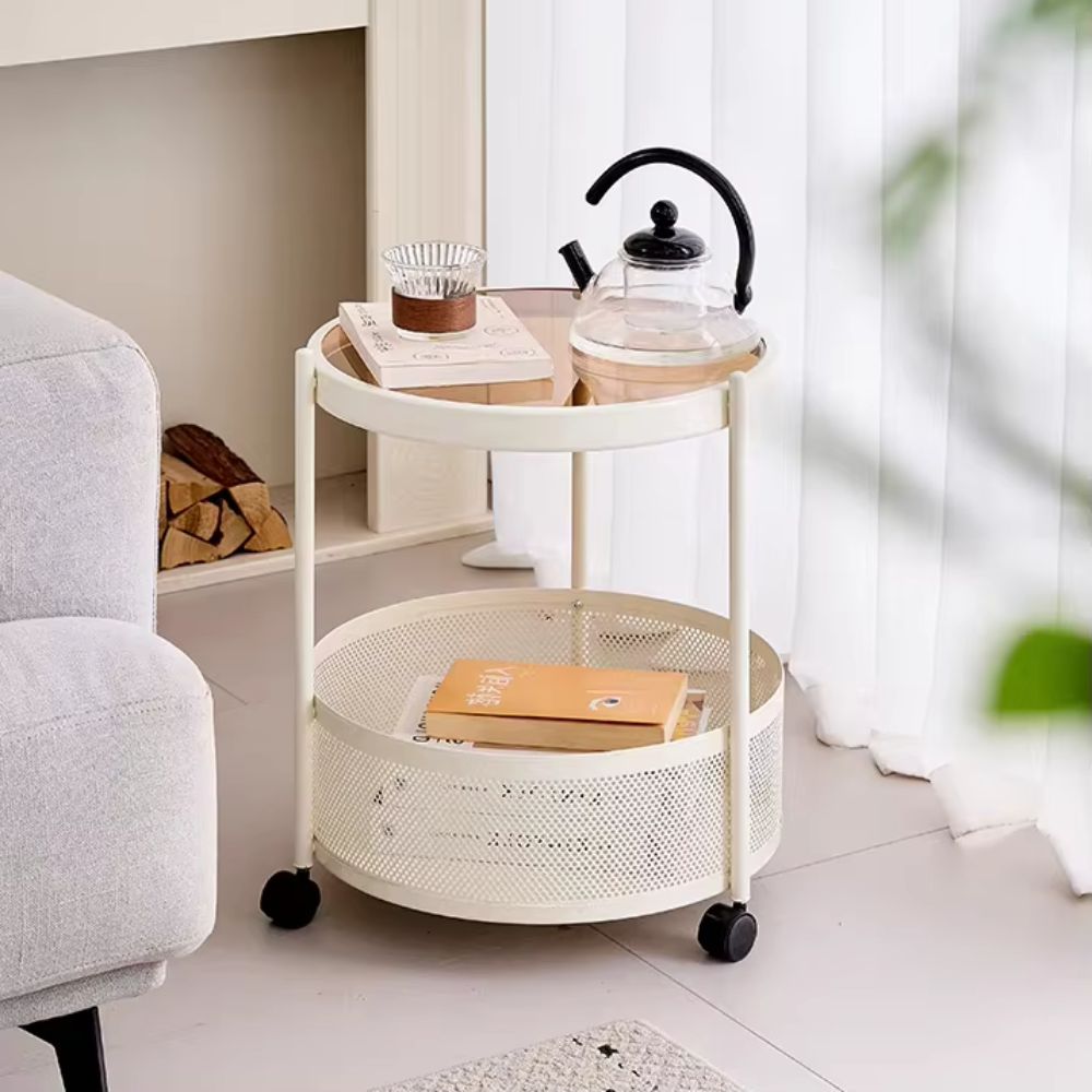 RSE Side Table with Tuffle Glass Top, Plastic Border, and Polished Metal Base – Modern Rolling Storage Accent Table