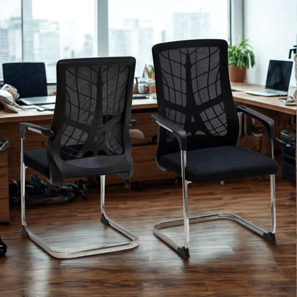 RSE Black Mesh Visitor Chair – Ergonomic Back Support, Padded Seat, Armrests, Chrome Cantilever Frame for Office, Conference & Waiting Area