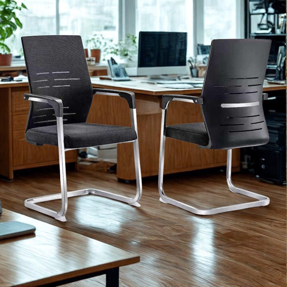 RSE Black Mesh Visitor Chair – Ergonomic Office Seating with Padded Cushion, Armrests, Chrome Cantilever Frame for Reception, Meeting Rooms & Waiting Areas